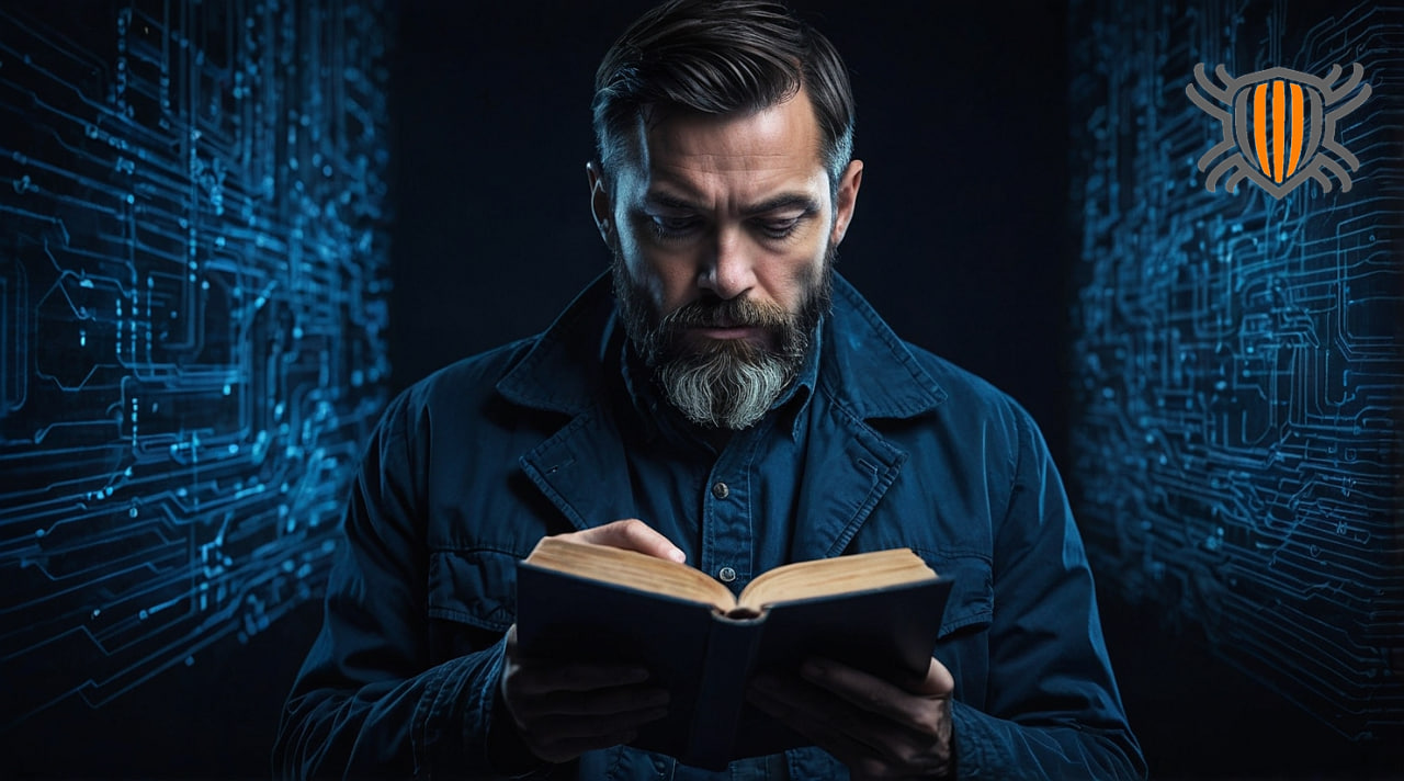 Мужчина с книгой, изучающий кибербезопасность.